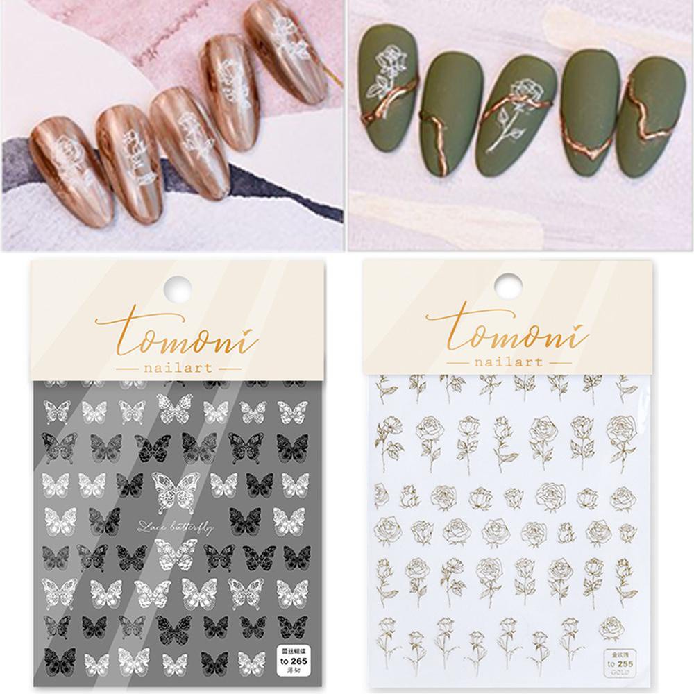 [Hàng mới về] Miếng dán trang trí móng tay diy nhiều họa tiết 5D tông màu trắng đen thời trang