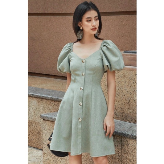 Đầm mint cổ V tay bo
