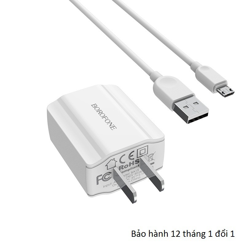 Cốc sạc củ sạc 1 cổng đầu ra 2.1A có kèm cáp Lightning, Micro-USB hoặc USB-C BOROFONE BA15 SmartPort