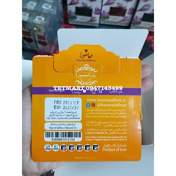 Hộp 20 gói mỗi gói 200gram Nhuỵ hoa nghệ tây Hasora Saffron (Filament G1) - Xuất xứ Iran 100%, ảnh chụp thật từ Tetmart