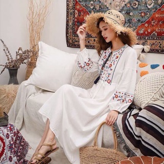 [Sẵn]Đầm Thêu Hoa Vintage Phong Cách Bohemian Thổ Cẩm Thời Trang Du Lịch By Cói Vintage