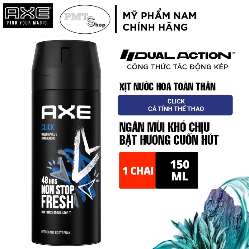 Combo 2 Xịt khử mùi toàn thân nam AXE Click 150ml x 2 chai hương nước hoa