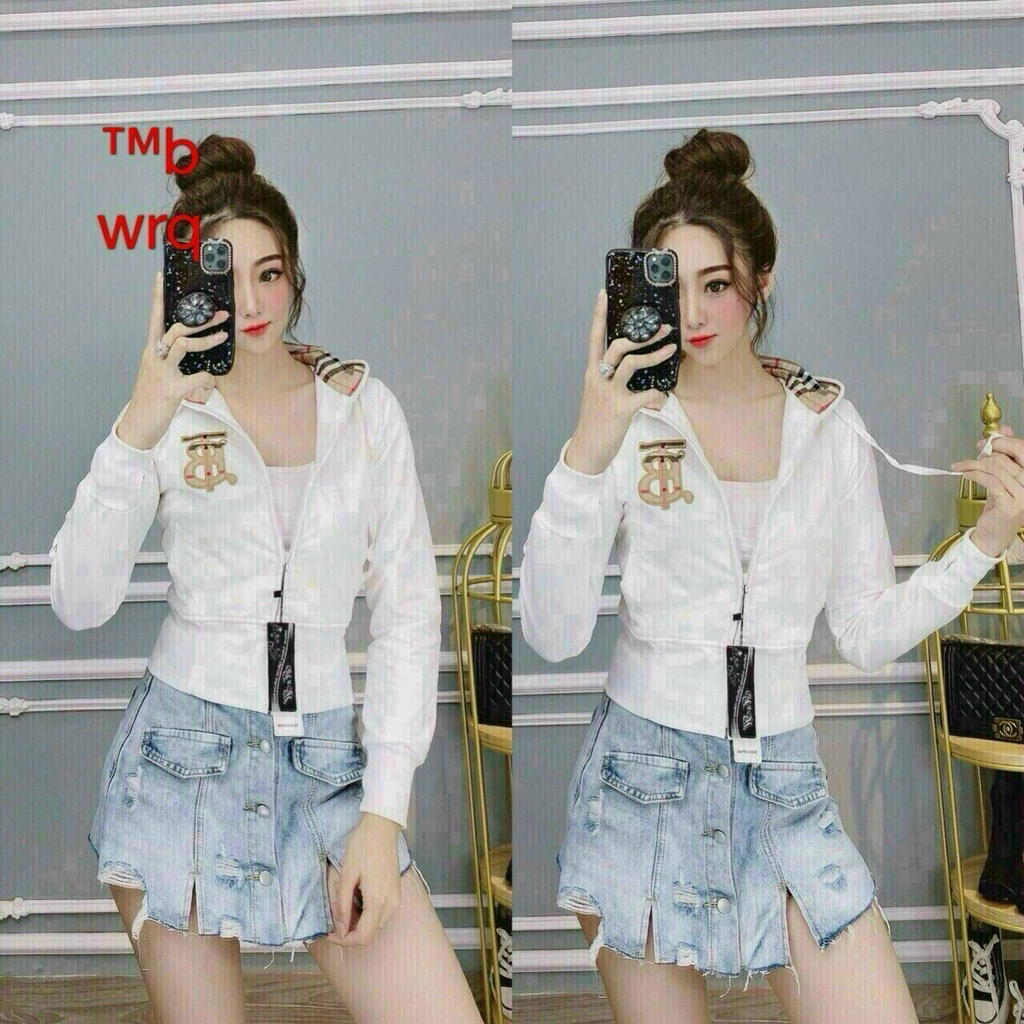 Áo khoác nữ croptop có mũ màu trắng, áo khoác chống nắng cho nữ