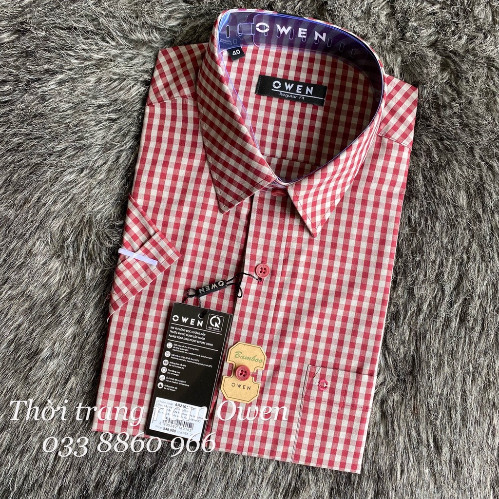 OWEN - Áo sơ mi ngắn tay Owen Regular fit chất sợi tre 22673 kẻ ca rô màu đỏ