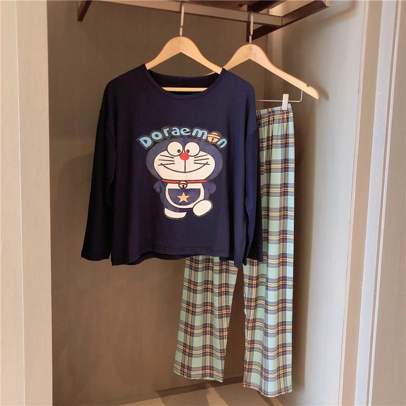 IELGY    Bộ Đồ Ngủ Tay Dài Dáng Rộng In Họa Tiết Hoạt Hình Dễ Thương Phong Cách Hàn Quốc Cho Nữ