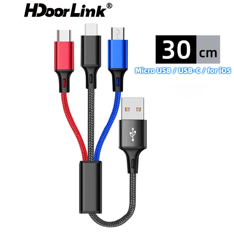 Dây cáp sạc nhanh Hdoorlink USB 2.4A Type C 3 trong 1 30cm kiểu dây bện thích hợp cho Samsung Huawei