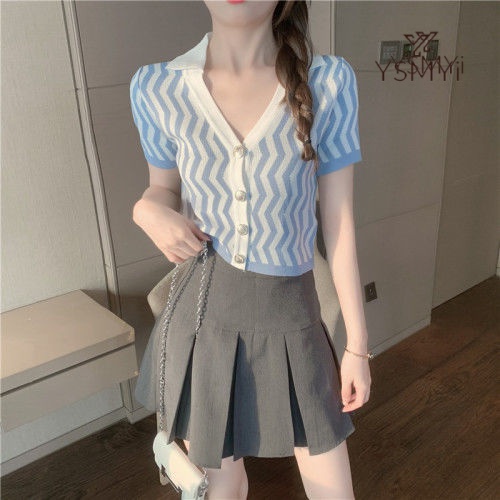 Áo Thun Dệt Kim Tay Ngắn Cổ Chữ v Thiết Kế Mới Thời Trang Mùa Hè Dành Cho Nữ