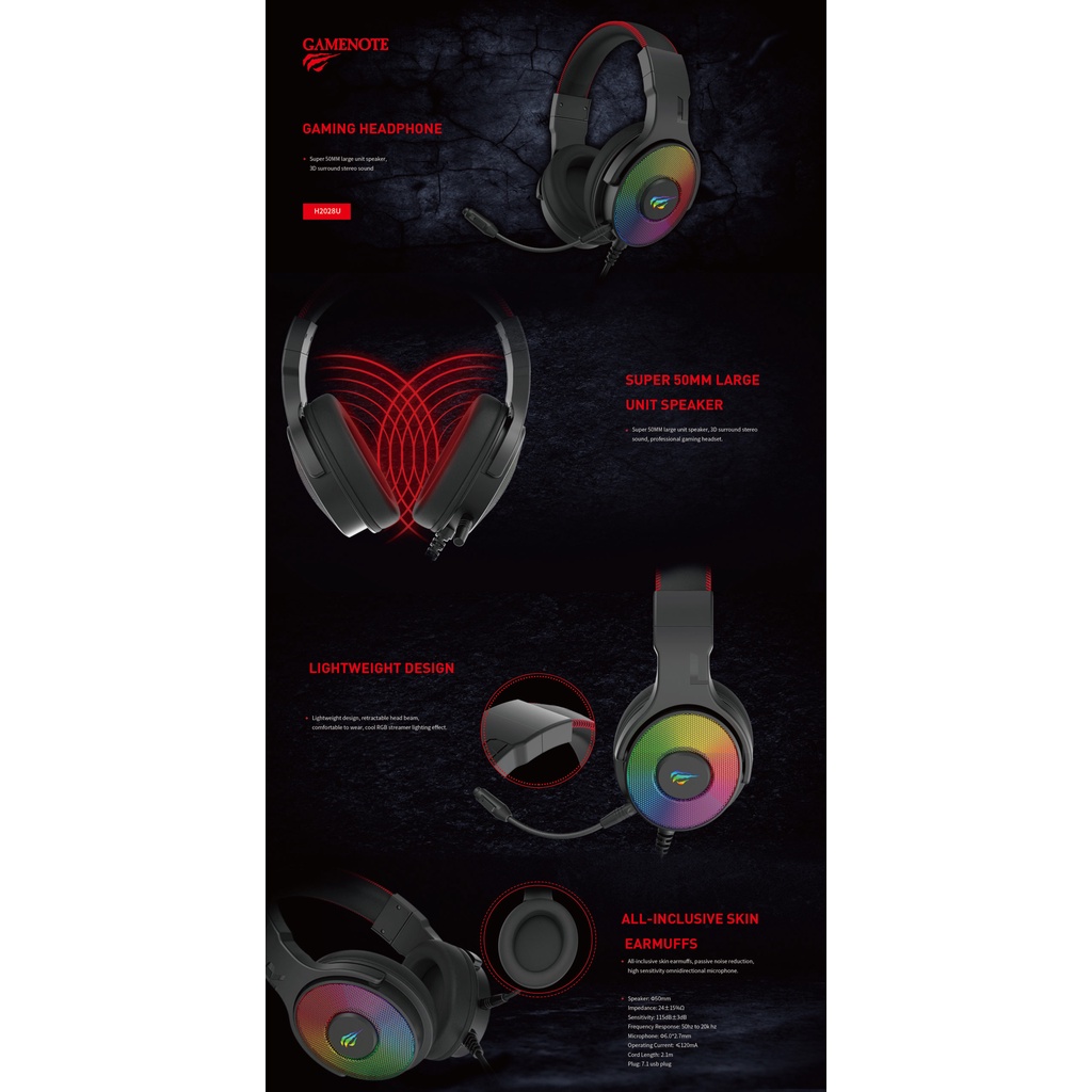 Tai Nghe Gaming Headphone HAVIT H2028U, Driver 50mm, Thiết Kế Khung Thép, Mic Khử Ồn- Hàng Chính Hãng