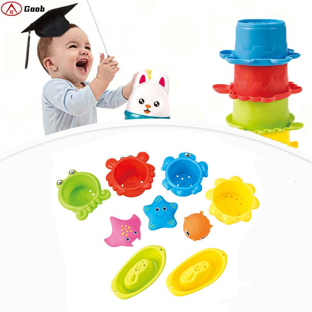 ⌂⌂ 9pcs children’s fun ocean stacking cups boat fish vinyl parent-child bathing bath toys 【Goob】