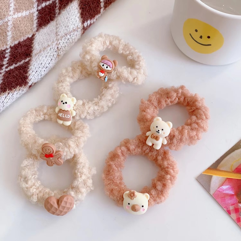 Dây cột tóc gắn họa tiết hoạt hình 3D cute trơn màu chất liệu lông bền chắc PK743