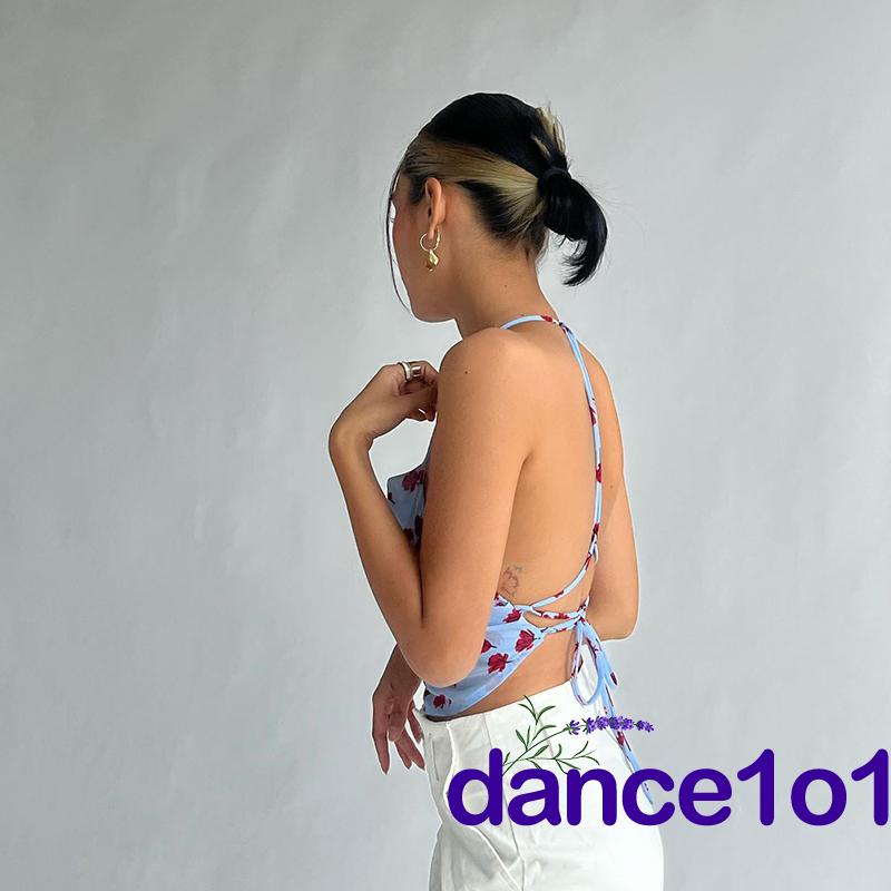 Áo Yếm Hở Lưng In Hoa Màu Xanh Dương Dùng Múa 1O1- Thời Trang Cho Nữ