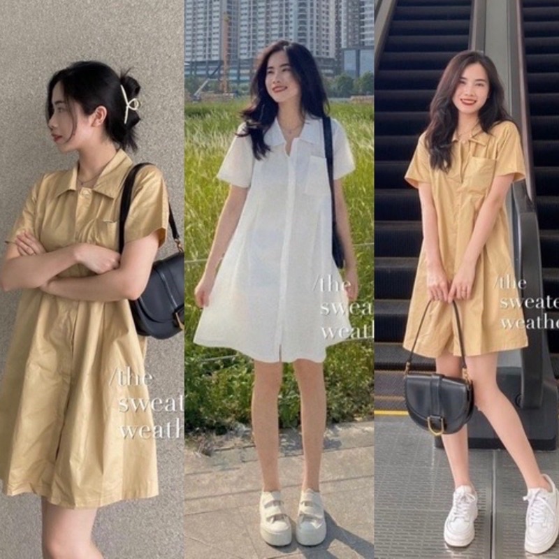 [Ảnh thật/Video]Váy sơ mi Xếp Li túi ngực dáng suông xinh xắn