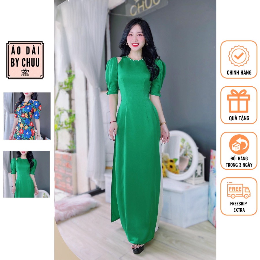 Áo dài cách tân nữ pha lưới tay bồng cổ đính ngọc sang trọng CHUU AD8033 không kèm quần