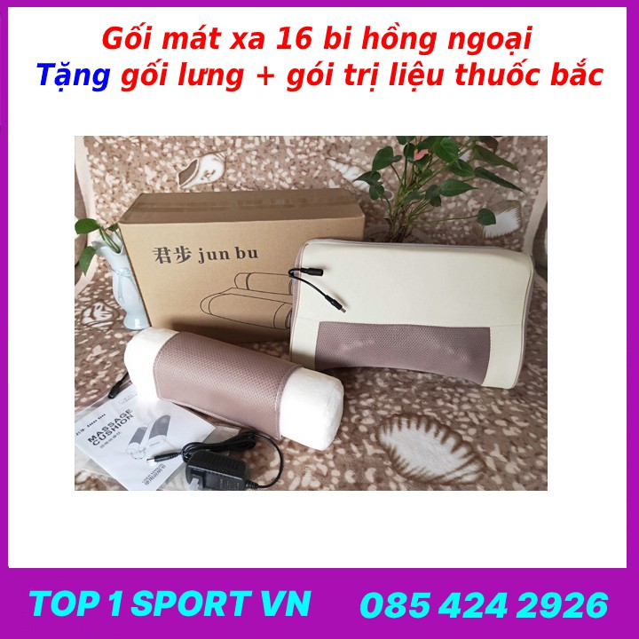 Gối mát xa massage cổ vai gáy hồng ngoại 16 bi Junbu thế hệ 5.0 - Tặng kèm gối lưng + gói trị liệu thuốc bắc ngải cứu