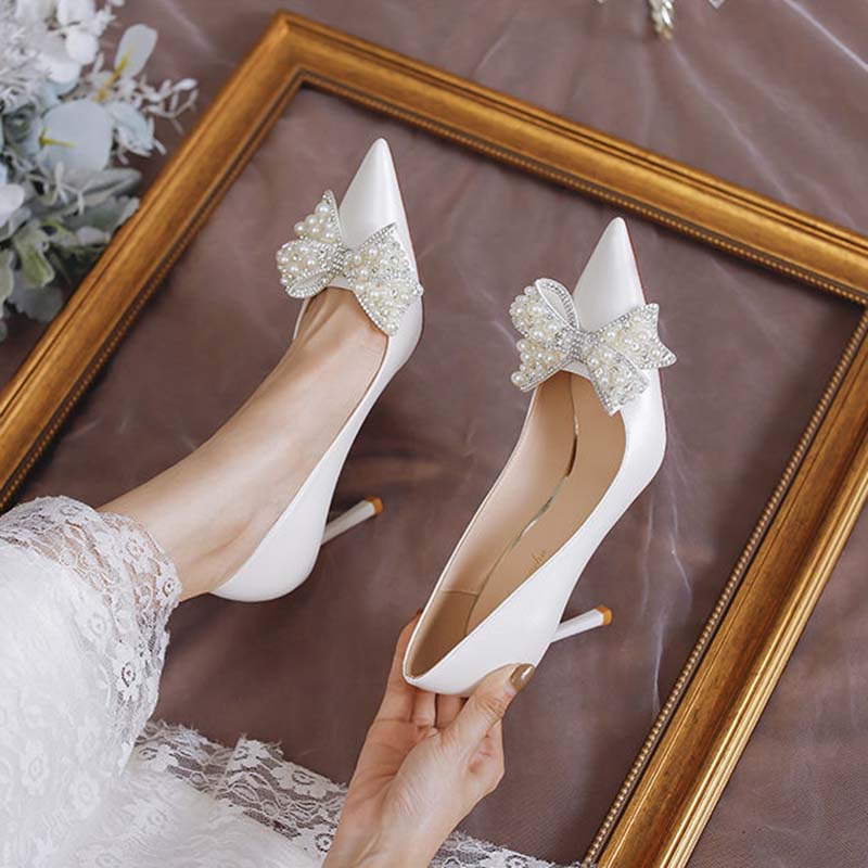 Giày Cao Gót Vải Satin Đính Nơ Ngọc Trai Thời Trang Pháp Cho Nữ