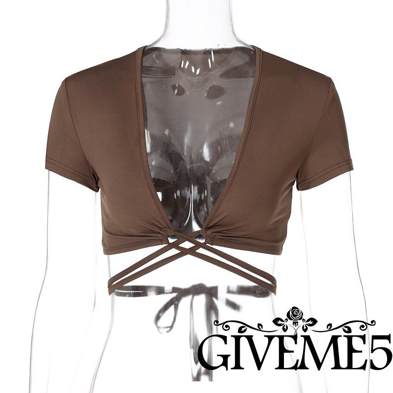 Áo Crop Top Tay Ngắn Cổ Sâu Màu Sắc Trơn Quyến Rũ Dành Cho Nữ