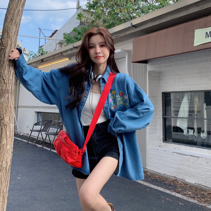 ZHELIHANGFEI Áo Khoác Denim Tay Dài Form Rộng Họa Tiết Thêu Theo Phong Cách Retro Dễ Phối Đồ