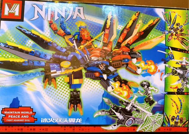 NINJAGO_Lego Ninja MG121 Cưỡi RỒNG 2 ĐẦU XANH DƯƠNG+ ĐỎ (426 mảnh)+ JAY Ninja Sấm Sét + KAI Ninja lửa + FRAKJAW