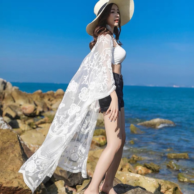 Brroa Áo Khoác Cardigan Kimono Lưới Mỏng Thêu Họa Tiết Phía Trước Dáng Dài Cho Nữ