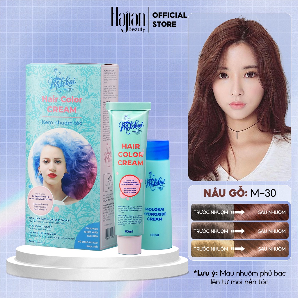 Thuốc nhuộm tóc Molokai màu nâu gỗ 60ml M-30, nhuộm tóc tại nhà chứa collagen tảo biển siêu dưỡng - Hajian Beauty