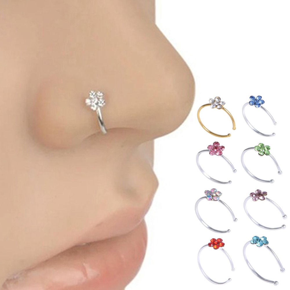 Stud Ring For Girl Flower Rhinestone Ear Clip Nose Ring