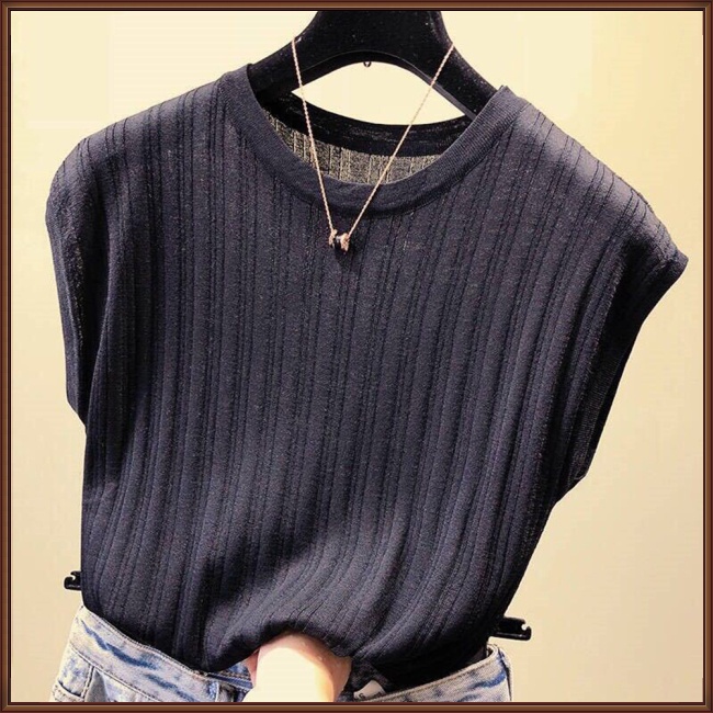 Áo Dệt Kim Tay Ngắn Cổ Tròn Màu Sắc Đơn Giản Thời Trang Mùa Hè Cho Nữ