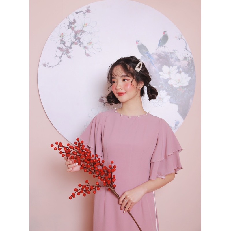 ÁO DÀI TẾT - PINK PEARL AODAI - ÁO DÀI CÁCH TÂN HỒNG PHẤN TAY LOE