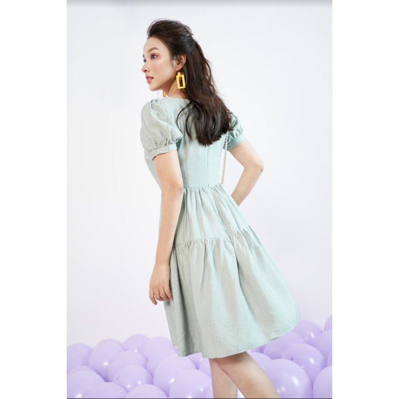 Váy mini xanh olive cổ vuông tùng can 2 tầng 1VA1025  ADORE DRESS