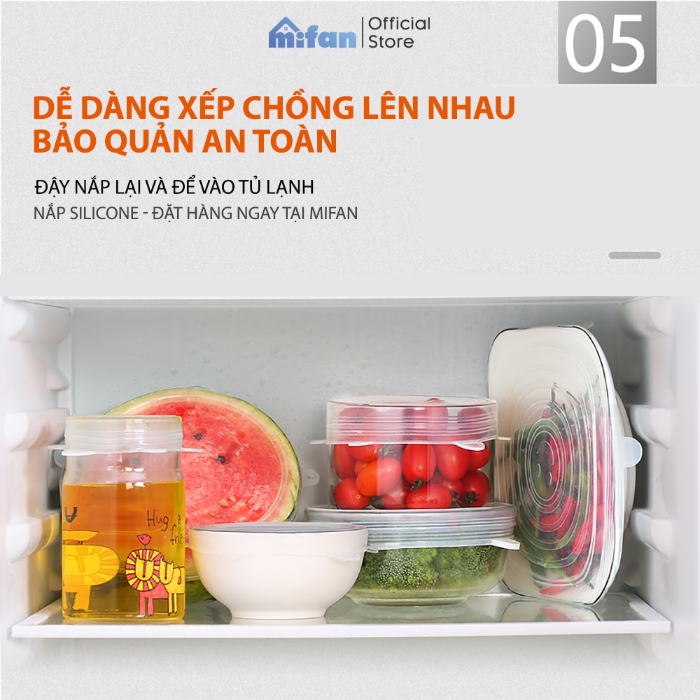 Bộ 6 Miếng Silicone Bọc Thực Phẩm Cao Cấp MIFAN - Nắp đậy màng Silicon bảo quản thức ăn Dày Dặn Độ Co Giãn Tốt