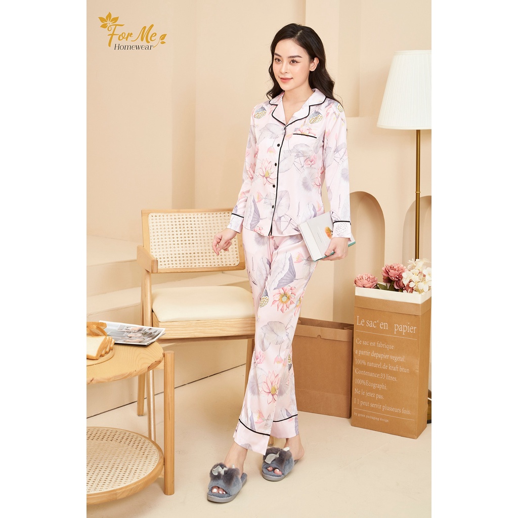 Bộ đồ ngủ, mặc nhà chất Lụa Giấy Luxury Dài Tay Hoa Sen Hồng 04  ,forme pijama