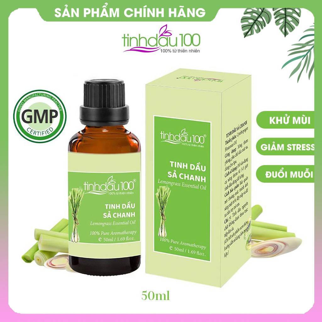 Tinh dầu sả chanh Tinh Dầu 100, nguyên chất 100% hương thơm thư giãn, đuổi muỗi chai 50ml