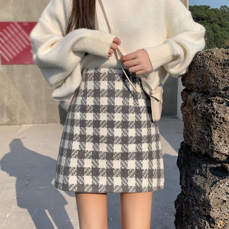 Chân Váy Len Lưng Cao Họa Tiết Sọc Caro Phong Cách Hàn Quốc