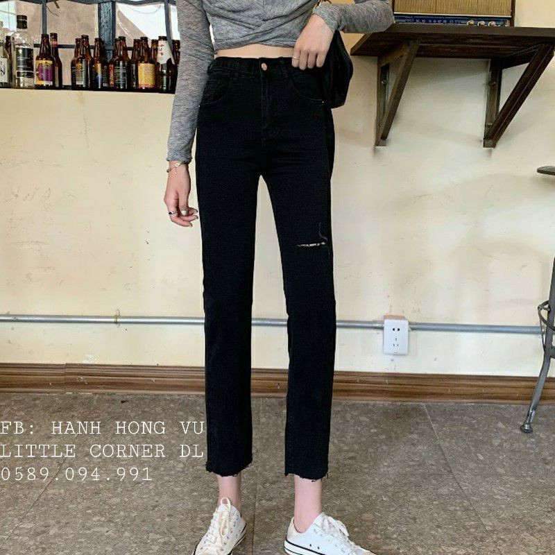 Baggy đen ráchQuần slim baggy jean đen rách bên lưng cao kèm ảnh thật hàng có sẵn