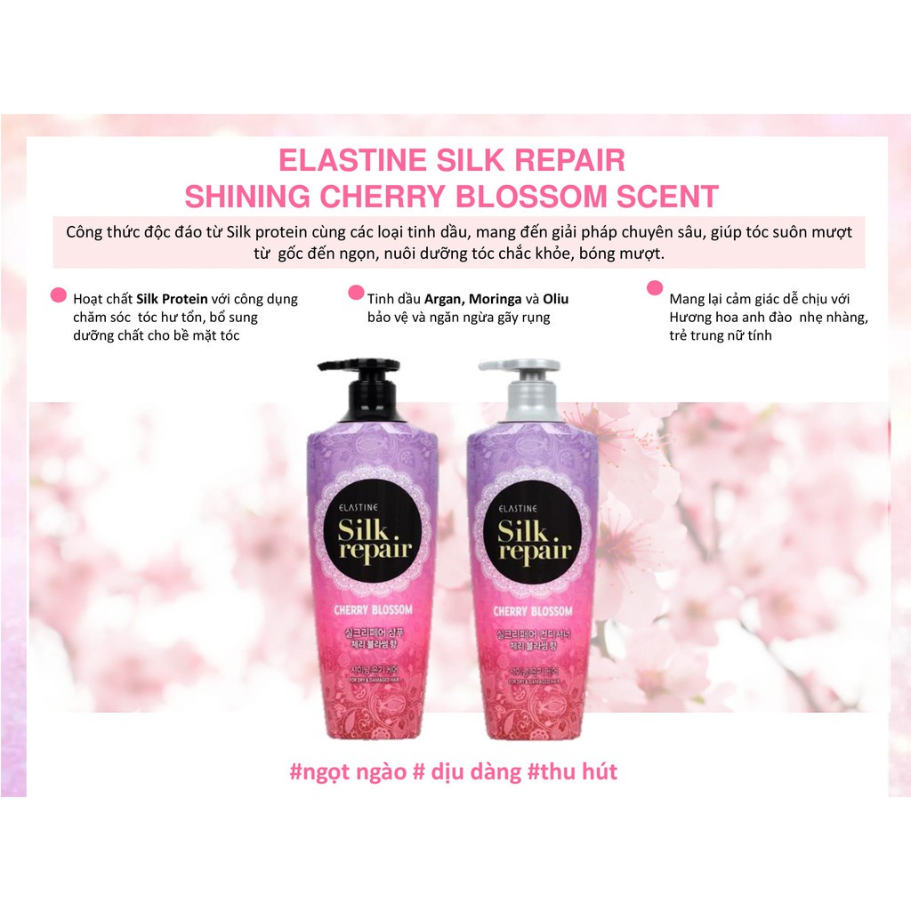 Bộ đôi gội xả chăm sóc và nuôi dưỡng tóc Elastine Silk Repair - Hương Hoa Anh Đào