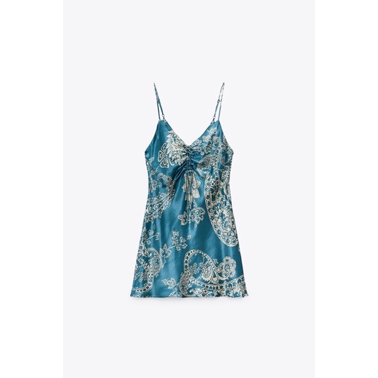 Váy lụa 2 dây hoạ tiết nhún ngực Zarraa canh sale, kèm ảnh thật