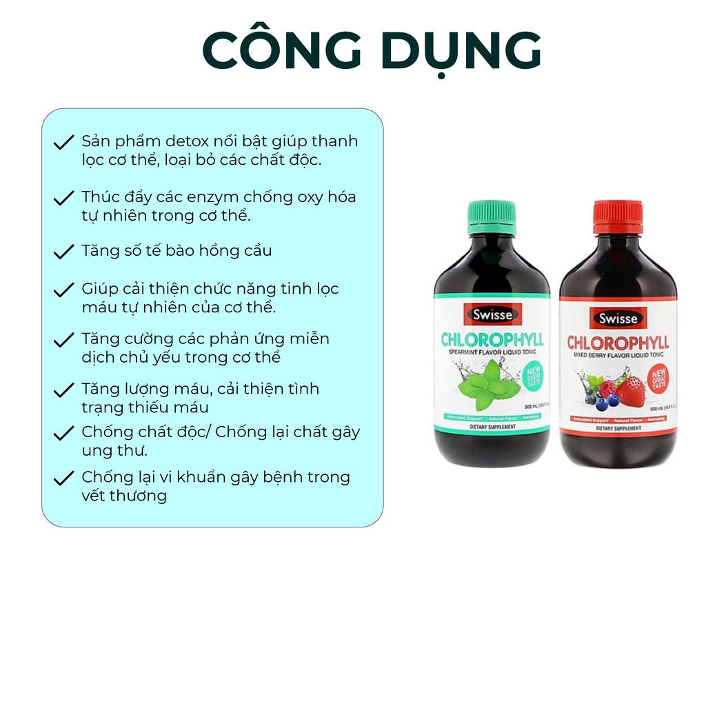 Nước diệp lục Swisse Chlorophyll Úc thanh lọc cơ thể vị dâu và bạc hà 500ml