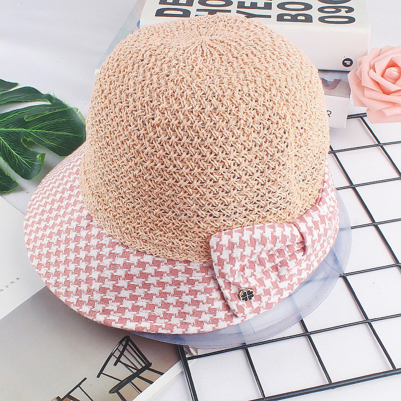 MŨ/NÓN TAI BÈO ĐAN CÓI PHỐI VẢI MÀU HỒNG PHẤN Họa Tiết Caro Đính Nơ Xinh Xắn,Thời Trang Trẻ Trung Mùa Hè Dành Cho Nữ