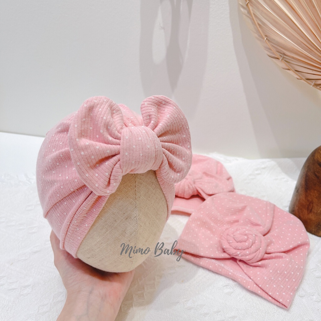 Mũ turban hồng chấm bi đính nơ dễ thương cho bé MTB115 Mimo Baby