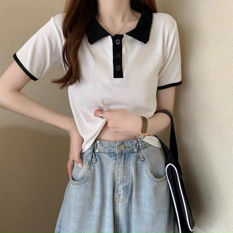 Áo croptop tay ngắn cổ bẻ, áo croptop nữ cổ polo