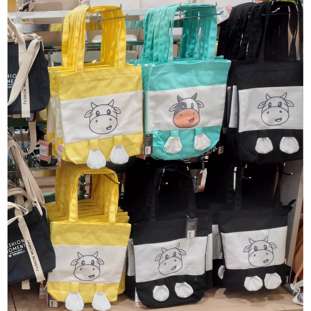 Túi vải tote, vải canvas, vải bố Hàn Quốc phối hình in con bò 2 chân thời trang COVI nhiều màu sắc T20