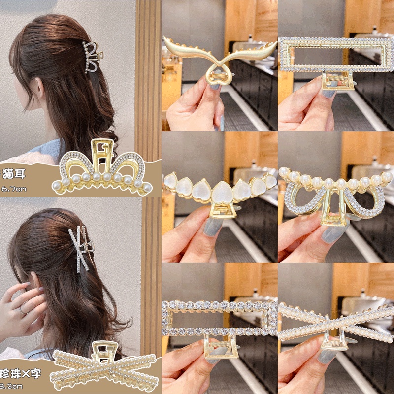 Kẹp tóc kim loại đính đá/ ngọc trai cỡ lớn phong cách Hàn Quốc