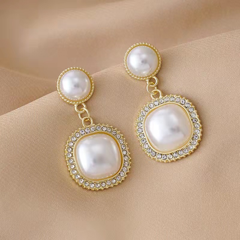 Bông Tai Mạ Bạc 925 Hình Vuông Đính Ngọc Trai Sang Trọng Cho Nữ