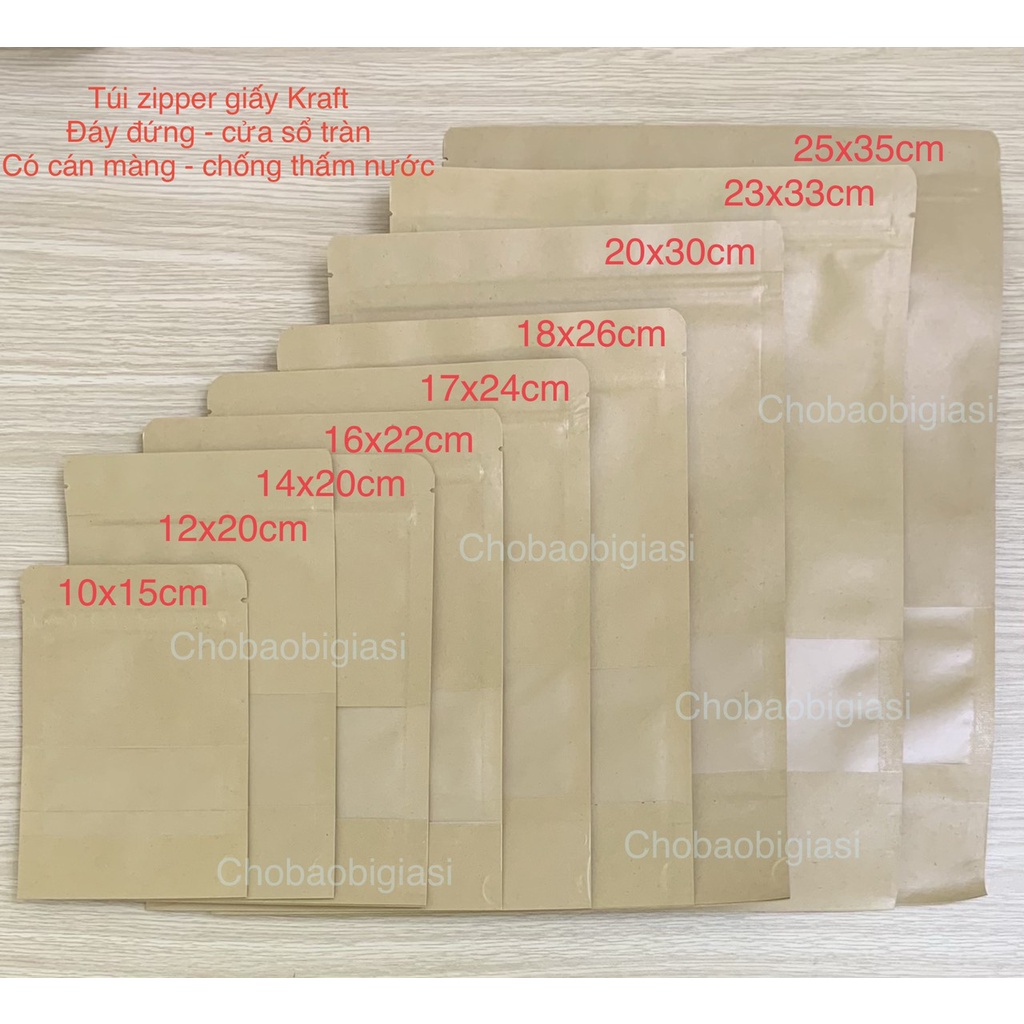 {1kg/ size} Túi zipper giấy Kraft Vàng đáy đứng cửa sổ tràn có CÁN MÀNG - CHỐNG THẤM NƯỚC (có sẵn 12 size - sp y hình)