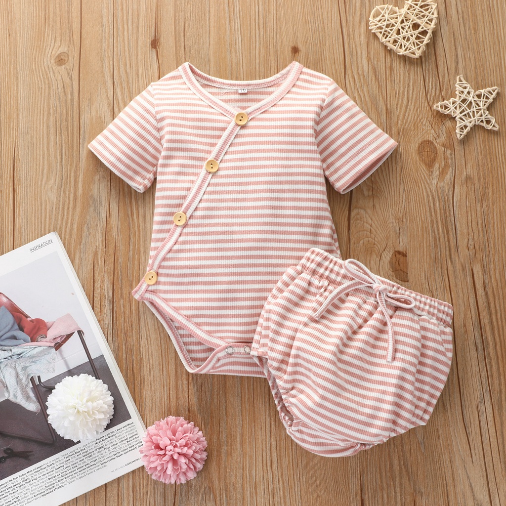 Bộ Áo Liền Quần Kèm Quần Tã Tay Ngắn Sọc Ngang Cho Bé Trai &amp; Gái