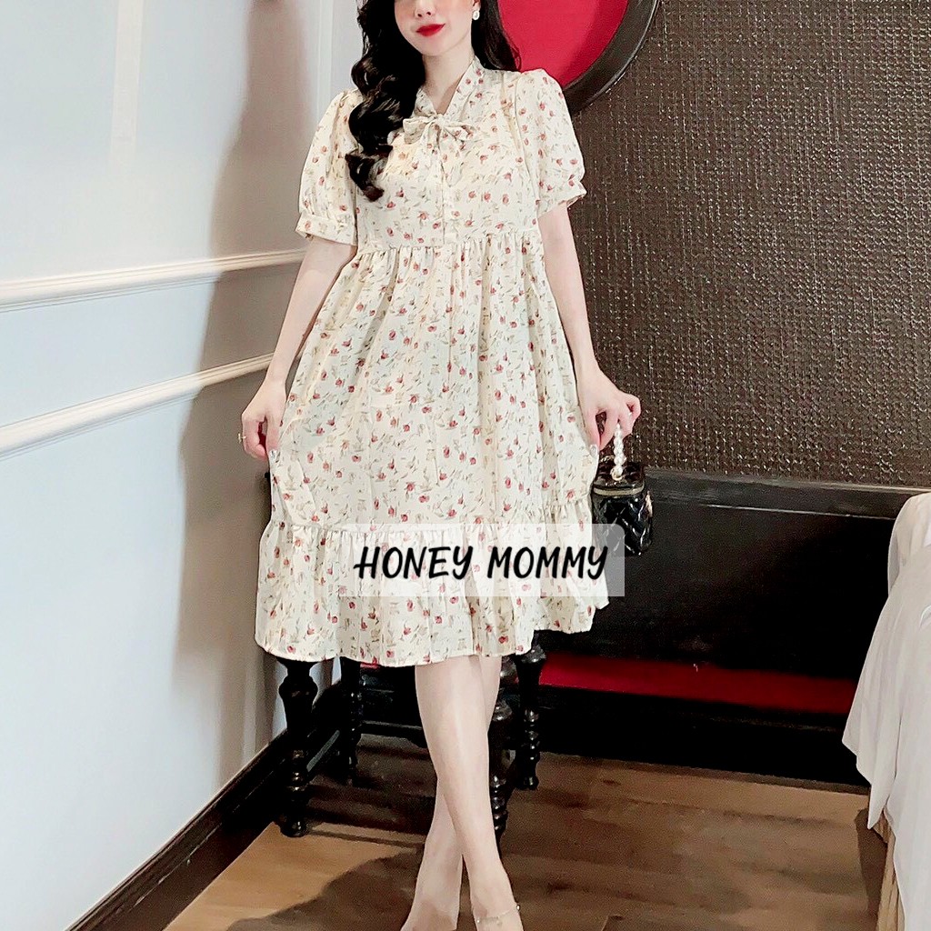 Váy Bầu Hoa Nhí Cho Con Bú Cổ Nơ HD2832 Honey Mommy Đầm Bầu Hè Ngắn Tay Công Sở Đi Chơi Đuôi Cá