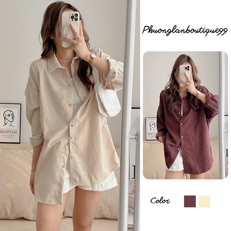 Áo sơ mi, Áo kiểu cổ bẻ nhung tăm basic sang chảnh 4 màu Ulzzang dành cho nữ PHULA