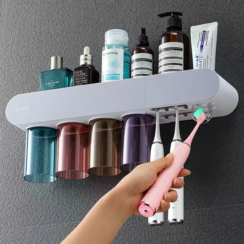 Kệ nhả kem 4 cốc ECOCO, cắm bàn chải, kệ để đồ có ngăn kéo từ tính không khoan tường mẫu mới 2022 |Kệ nhà tắm thông minh