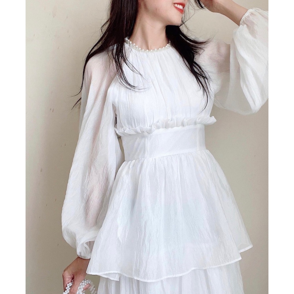 ĐẦM XẾP NHÚM CỔ CHẠY VIỀN HẠT TAY BỒNG