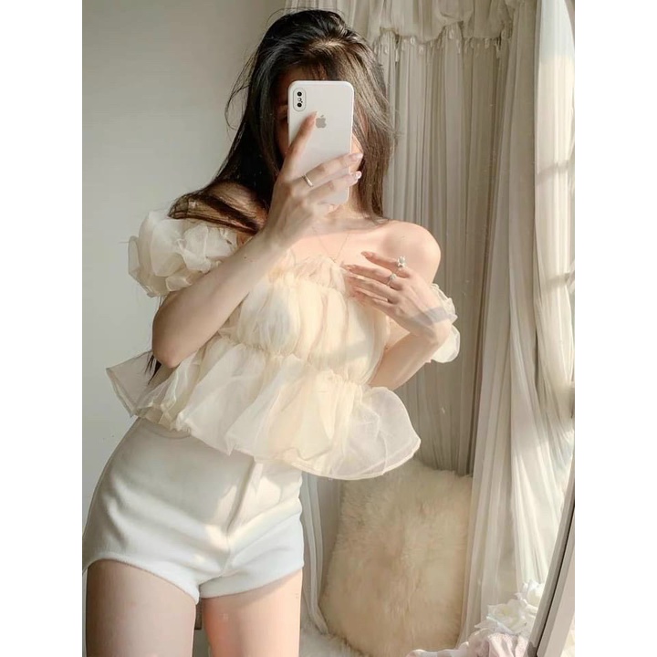 Áo peplum trễ vai tay ngắn vải voan xốp xếp ly nhún bồng bềnh TU cực dịu dàng nữ tính