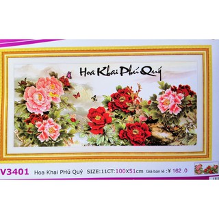 Tranh thêu chữ thập Hoa mẫu đơn Hoa khai phú quý LV3401